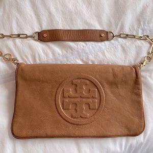 Tory Burch brown leather logo shoulder bag with gold chain